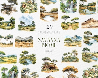 Clipart de bioma de sabana en acuarela, paisaje panorámico, fauna africana, atardecer, ilustración de la naturaleza, PNG transparente, uso comercial