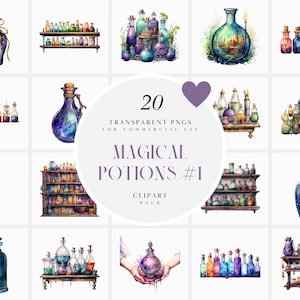 Peut inclure: Un ensemble de 20 images clipart numériques de flacons de potion aquarelle. Les flacons sont remplis de liquides colorés et ont une ambiance magique et fantaisiste. Le texte "20 TRANSPARENT PNGS FOR COMMERCIAL USE" et "MAGICAL POTIONS #1 CLIPART PACK" est inclus dans l'image.