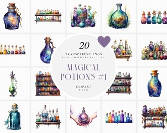 Imágenes prediseñadas de pociones mágicas de acuarela, pociones mágicas de fantasía, imágenes prediseñadas de brujas caprichosas, imágenes prediseñadas de boticario, png de acuarela, para uso comercial.