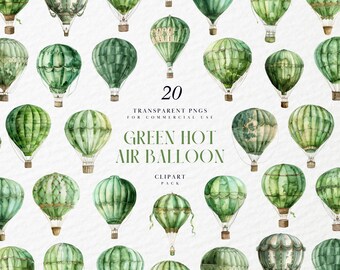 Clipart di mongolfiera verde acquerello, avventura boho in stile Sage, nuvole e stelle, decorazioni per baby shower, grafica PNG trasparente, uso commerciale
