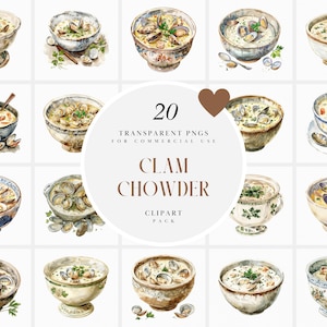 Puede incluir: Un conjunto de 20 ilustraciones de acuarela de sopa de almejas en cuencos. Los cuencos son de varios colores y patrones, y la sopa está cubierta con perejil y almejas. Las ilustraciones son perfectas para usar en proyectos digitales o impresos.