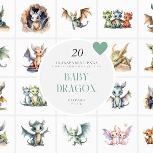 Watercolor Cute Baby Dragon Clipart, Pastel Baby Dragons Clipart, Fantasy Kawaii Dragon Clipart, Nursery Graphics, PNG for Commercial Use