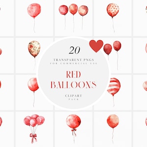 Clipart de balão vermelho aquarela, clipart de balões vermelhos, clipart de cartão de balão colorido de aniversário, gráfico PNG transparente, uso comercial
