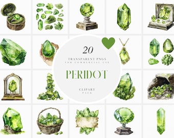 Watercolor Green Peridot Clipart, Crystal Peridot Stone Clipart, Green Gem Topaz Gemstone Clipart, Transparent PNG Graphics, Commercial Use