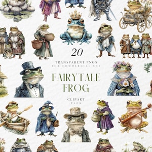 Könnte beinhalten: Eine Sammlung von 20 transparenten PNG-Clipart-Bildern mit Märchenfröschen. Die Frösche sind in verschiedenen Outfits und Posen dargestellt, darunter ein Frosch mit Krone, ein Frosch in einem Boot und ein Frosch, der ein Musikinstrument spielt. Der Text "Fairytale Frog Clipart Pack" ist ebenfalls sichtbar.