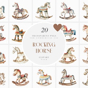 Aquarell Schaukelpferd Clipart, Schaukelpferde aus Holz, Neutral Vintage Spielzeug, Kinderzimmer, Babyparty, transparente PNG Grafiken, kommerzielle Nutzung
