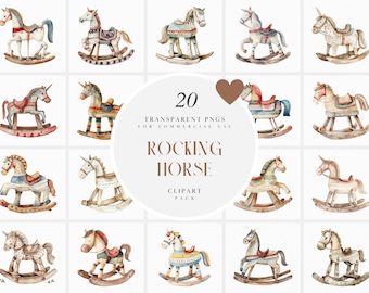 Clipart de cavalo de balanço em aquarela, cavalos de balanço de madeira, brinquedo vintage neutro, berçário, chá de bebê, gráficos PNG transparentes, uso comercial