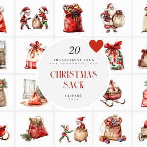 Clipart de saco de Natal em aquarela, clipart de saco de Papai Noel, presentes, presentes, feriado tradicional de Natal, gráficos PNG transparentes, uso comercial