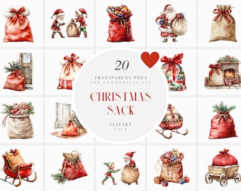 Watercolor Christmas Sack Clipart, Santa's Sack Clipart, Presents, Gifts, Traditional Xmas Holiday, Transparent PNG Graphics, Commercial Use
