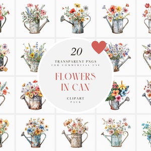 Clipart di fiori ad acquerello in lattina, Clipart di annaffiatoio floreale, Primavera estate, Giardino, Boho rustico, Grafica PNG trasparente, Uso commerciale