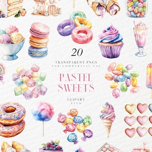 Aquarel pastel snoep clipart, regenboog macarons taarten en lekkernijen, kawaii Candyland dessert decor, transparante PNG-afbeelding, commercieel gebruik