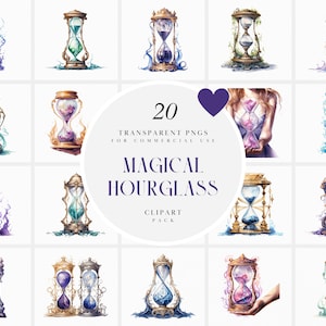 Aquarell wunderliche Sanduhr Clipart, magisches Sandglas, Zeitstunde, verzauberte Zeitpassage, transparente PNG-Grafik, kommerzielle Nutzung