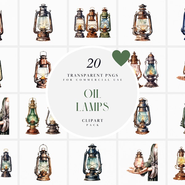 Watercolor Oil lamp Clipart, Antique Oil Lamps Clipart, Vintage Victorian Lamps, Hand Held Old Lamp Illustration, PNG for Commercial Use