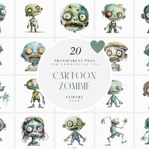 Aquarel cartoon zombie clipart, cartoon zombies clipart, Halloween, Living Dead, kinderillustratie, transparante png, commercieel gebruik
