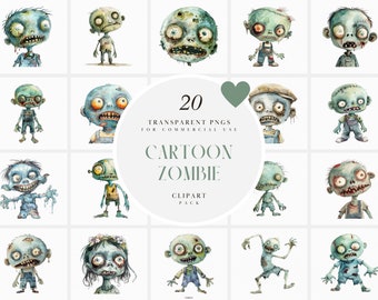 May include: Watercolor clipart pack featuring 20 transparent PNGs of cartoon zombies. The zombies are depicted in various poses and outfits, with a color palette of greens, blues, and browns. The text "CARTOON ZOMBIE CLIPART PACK" is also visible.