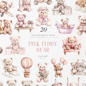 Clipart di orsacchiotto rosa acquerello, decorazioni per baby shower, grazioso peluche boho per cameretta, rivelazione del sesso, grafica PNG trasparente, uso commerciale