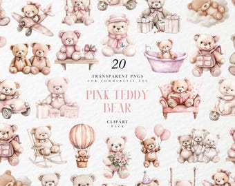 Clipart di orsacchiotto rosa acquerello, decorazioni per baby shower, grazioso peluche boho per cameretta, rivelazione del sesso, grafica PNG trasparente, uso commerciale