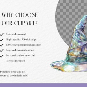 Pu&ograve; includere: Illustrazione ad acquerello di un cappello da mago nei toni del blu, verde e viola. L'immagine include il testo: "PERCH&Eacute; SCEGLIERE LE NOSTRE CLIPART?" ed elenca funzionalit&agrave; come il download istantaneo e gli sfondi trasparenti. Il cappello ha un'ampia tesa e una corona alta e appuntita.