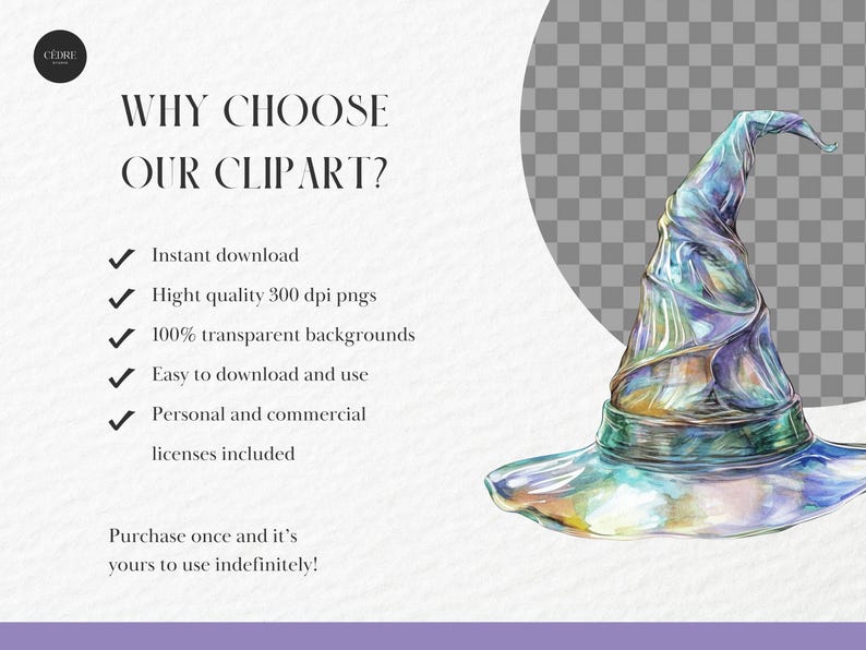 Pu&ograve; includere: Illustrazione ad acquerello di un cappello da mago nei toni del blu, verde e viola. L'immagine include il testo: "PERCH&Eacute; SCEGLIERE LE NOSTRE CLIPART?" ed elenca funzionalit&agrave; come il download istantaneo e gli sfondi trasparenti. Il cappello ha un'ampia tesa e una corona alta e appuntita.