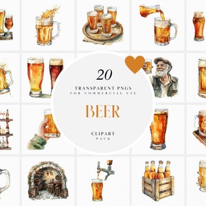 Imágenes prediseñadas de cerveza fría de acuarela, bebidas de cerveza fría, imágenes prediseñadas de pub, lata de cerveza, vaso de cerveza, botella de cerveza, enfriador de cerveza, archivos PNG para uso comercial