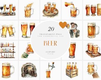 Clipart di birra fredda ad acquerello, bevande di birre fredde, clipart da pub, lattina di birra, bicchiere di birra, bottiglia di birra, dispositivo di raffreddamento della birra, file PNG per uso commerciale
