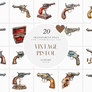 Aquarel vintage pistool clipart, retro handheld geweer clipart, duel, duelleren, Western American, cowboy, transparante png, commercieel gebruik