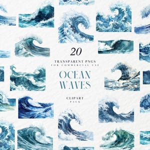 May include: A collection of 20 watercolor ocean wave clip art images in shades of blue and teal. The images feature various wave shapes and sizes, with the text "20 TRANSPARENT PNGS FOR COMMERCIAL USE OCEAN WAVES CLIPART PACK".