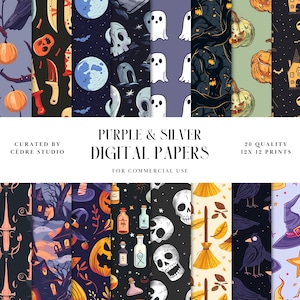 May include: Twenty digital papers featuring a variety of Halloween themed patterns in purple and silver. The patterns include ghosts, pumpkins, bats, spiders, witches, and more.