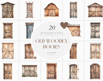 Watercolor Old Wooden Door Clipart, Barn Doors Clipart, Brown Rustic Doors, Shabby Doors Clipart, Transparent PNG Graphics, Commercial Use