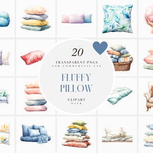 Pode incluir: Um conjunto de 20 ilustrações de aquarela de almofadas fofas em várias cores e padrões. As almofadas estão dispostas em uma grade, com algumas almofadas empilhadas umas sobre as outras. As ilustrações são perfeitas para usar em scrapbooking digital, criação de cartões e outros projetos de artesanato.