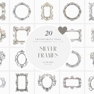 May include: Set of 20 silver ornate frames with various shapes and sizes.  The frames are transparent PNGs for commercial use.