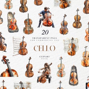 Può includere: Illustrazioni ad acquerello di violoncelli in varie pose, inclusi musicisti che suonano e strumenti in custodie. L'immagine presenta violoncelli marroni e arancioni, spartiti e il testo "CELLO CLIPART PACK".