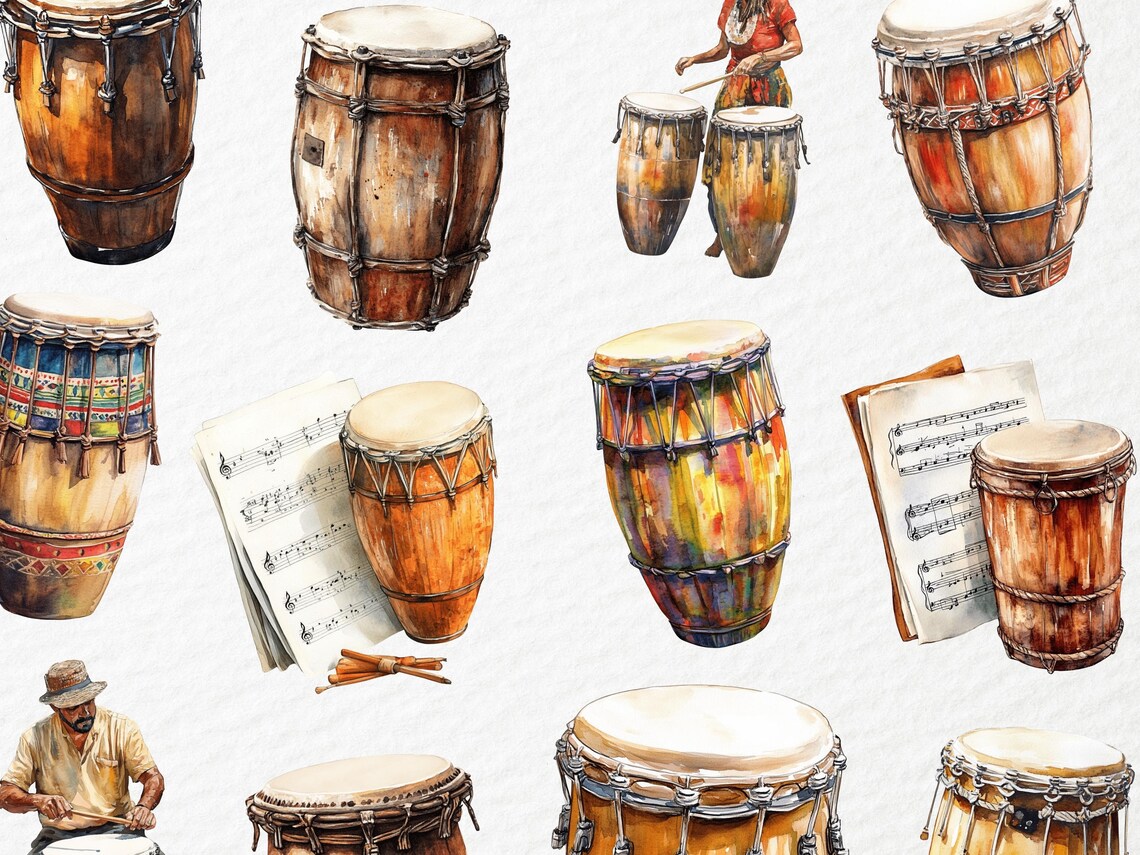 Watercolor Conga Clipart, Tumbadora Drums, Percussion Instruments, Cuba ...
