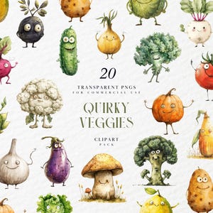 Clipart aquarelle de légumes originaux, personnages végétariens fantaisistes drôles, illustration d'enfants mignons, PNG transparents pour enfants, usage commercial