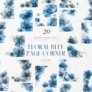 May include: A collection of 20 transparent PNGs featuring watercolor floral blue page corners. The designs showcase blue flowers with gold accents, perfect for commercial use. The text "Floral Blue Page Corner" is displayed.