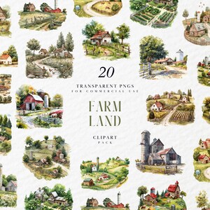 Clipart di terreni agricoli ad acquerello, Clipart di agricoltura, Giardinaggio, Raccolta, Campagna, Vita in fattoria, Ranch, Grafica PNG trasparente, Uso commerciale