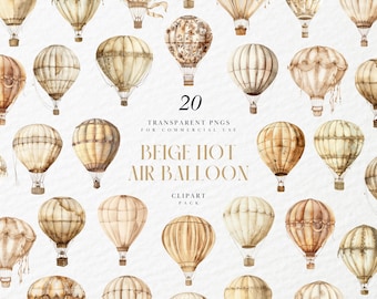 Clipart di mongolfiera beige ad acquerello, dirigibile boho neutro, cestino, decorazioni per la cameretta dei bambini, baby shower, grafica PNG trasparente, uso commerciale