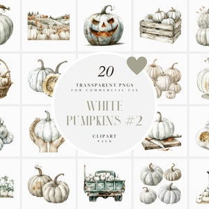 Può includere: Un set di 20 illustrazioni ad acquerello di zucche bianche in varie pose e ambientazioni. Le zucche sono dipinte in uno stile realistico con sottili variazioni di colore e texture. Il set include zucche in cesti, su un camion e in un campo. Il testo "20 TRANSPARENT PNGS FOR COMMERCIAL USE WHITE PUMPKINS #2 CLIPART PACK" è visualizzato al centro dell'immagine.