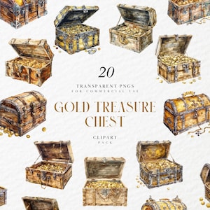 Aquarell Gold Schatzkiste Clipart, lange verlorene Schätze, Beute, Juwelen, Goldmünzen Piraten Schatzhaufen, transparente PNG, kommerzielle Nutzung