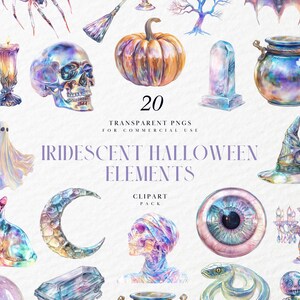 Pu&ograve; includere: Una collezione di 20 elementi di Halloween iridescenti in formato PNG. L'immagine presenta una variet&agrave; di illustrazioni ad acquerello, tra cui una zucca, un teschio, un cappello da strega e un fantasma. Il testo recita "IRIDESCENT HALLOWEEN ELEMENTS".