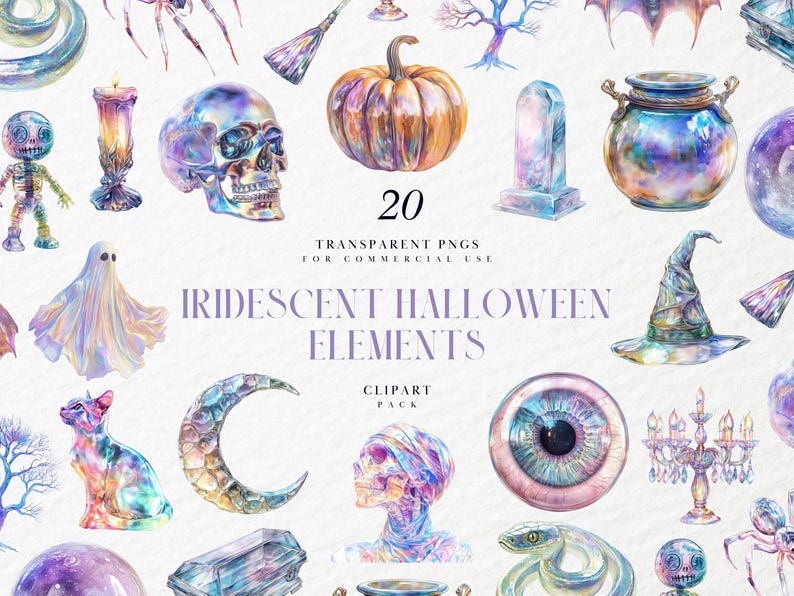 Pu&ograve; includere: Una collezione di 20 elementi di Halloween iridescenti in formato PNG. L'immagine presenta una variet&agrave; di illustrazioni ad acquerello, tra cui una zucca, un teschio, un cappello da strega e un fantasma. Il testo recita "IRIDESCENT HALLOWEEN ELEMENTS".
