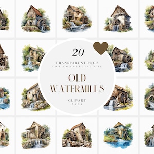 Watercolor Old Water Mill Clipart, Medieval Water Wheel Clipart, European Countryside Watermills Clipart, Transparent PNG, Commercial Use