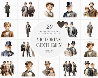 May include: A set of 20 watercolor illustrations of Victorian gentlemen in various poses and outfits. The illustrations are in a vintage style and feature a variety of hats, coats, and accessories. The illustrations are perfect for use in scrapbooking, card making, and other creative projects.
