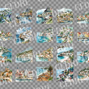 May include: A collection of 24 watercolor paintings depicting charming coastal towns with colorful buildings, boats, and lush greenery. The paintings are framed with a white border and have a vintage aesthetic.