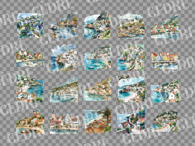 May include: A collection of 24 watercolor paintings depicting charming coastal towns with colorful buildings, boats, and lush greenery. The paintings are framed with a white border and have a vintage aesthetic.