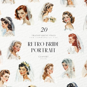 Clipart de retrato de noiva retrô em aquarela, clipart de noiva vintage em close-up, anos 40, 50, 60, gráfico PNG transparente, uso comercial