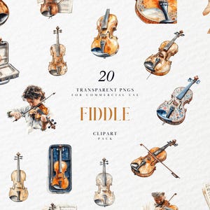 Puede incluir: Un conjunto de 20 ilustraciones de violines en acuarela en varias poses y estilos. Las ilustraciones son de estilo vintage y presentan una variedad de colores, incluyendo marrón, dorado y azul. Las ilustraciones son perfectas para usar en scrapbooking, creación de tarjetas y otros proyectos de manualidades.