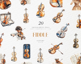 Watercolor Fiddle Clipart, Small Violin, Bowed String Instruments, Classic Musical Playing, Concert, Transparent PNG Graphic, Commercial Use