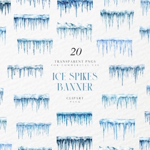 Watercolor Ice Spikes Banner Clipart, Page Border, Frozen Ice, Winter Elements, Card Making Crafts, Transparent PNG Graphics, Commercial Use