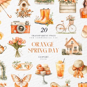 Clipart de un acogedor día de primavera en acuarela, saludos primaverales neutros con temática naranja, floral, calcomanía digital, gráfico PNG transparente, uso comercial